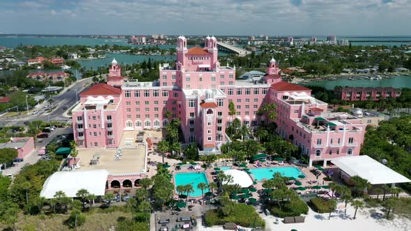 View From Above Of Don CeSar Hotel With Pink Exterior In St. Pete Beach, Florida. aerial