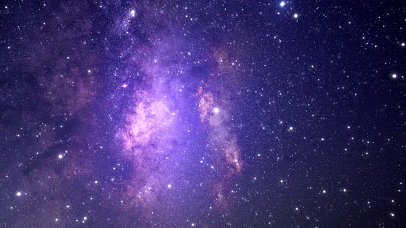 Space background with slowly passing constellations and galaxies. Space travel through the Milky Way