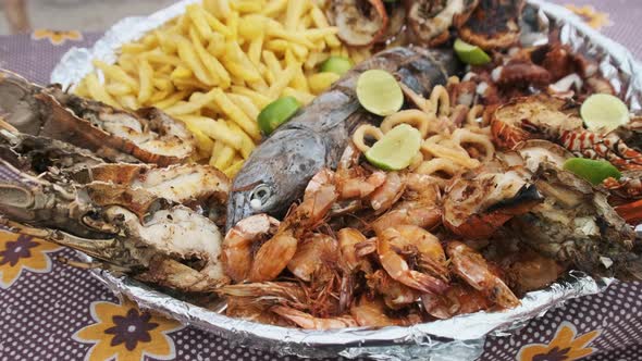 Plate with Seafood Large Served on Deliciously Platter Exotic Lunch in Africa