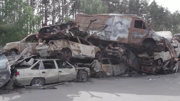 War in Ukraine a Dump of Shot and Burned Cars in Irpin Bucha District