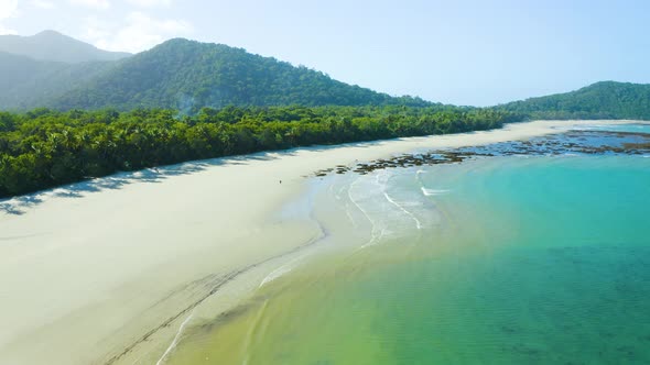 Aerial, Gorgeous Sand Beach And Rain Forest  At Cape Tribulation In Queensland, North Australia