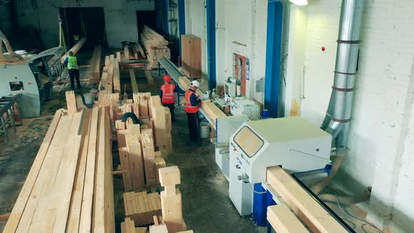 Premises of a Woodworking Plant with Employees and Timber