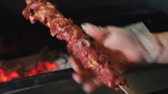 Seasoned Meat on a Skewer is Being Prepared for a Barbecue