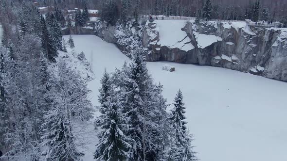 Beautiful Winter Aerial Footage of Ruskeala Mountain Park in Karelia in