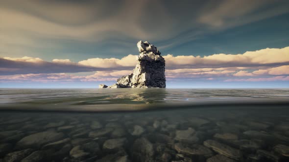 Ocean Seascape with Sky and Ocean Wave Splitted By Waterline to Underwater Part