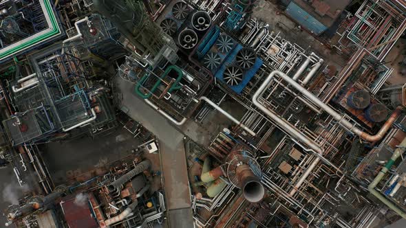 Aerial Top Down View Over Oil Refinery or Chemical Factory