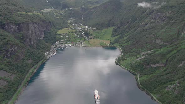 Geiranger village and Geirangerfjord aerial view, Norway