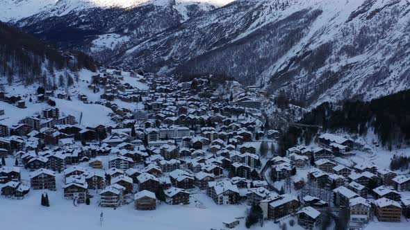 Aerial of beautiful snow covered mountain town