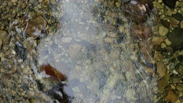 Aerial top down view of a quiet stream with clear water and pebbles