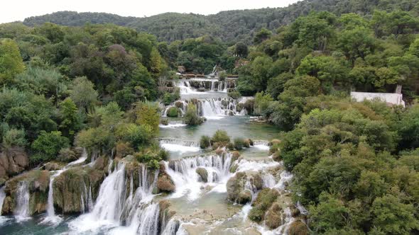 Aerial view of amazing Skradinski buk waterfall in Krka National Park, Croatia