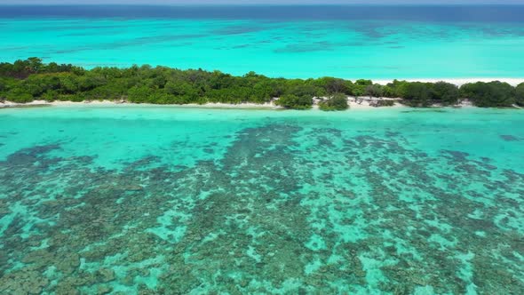 Aerial drone view texture of tranquil tourist beach time by transparent lagoon with bright sand back