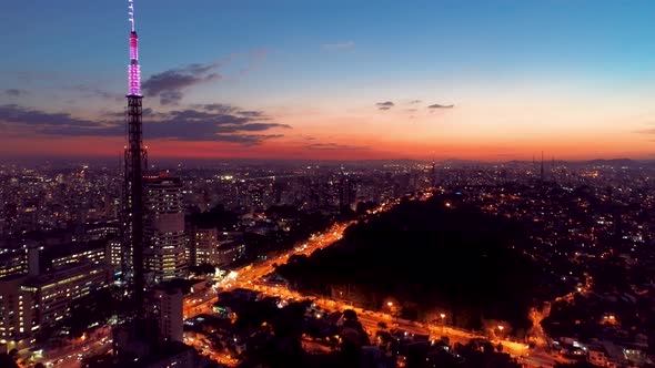 Sunset downtown Sao Paulo Brazil. Downtown district at sunset scenery.