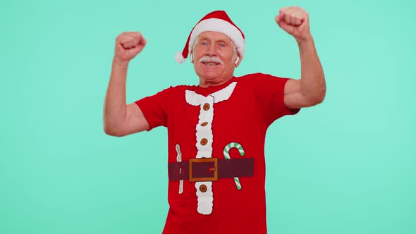 Senior Christmas Old Grandfather Man Listening Music Via Earphones Dancing Fun Disco Fooling Around