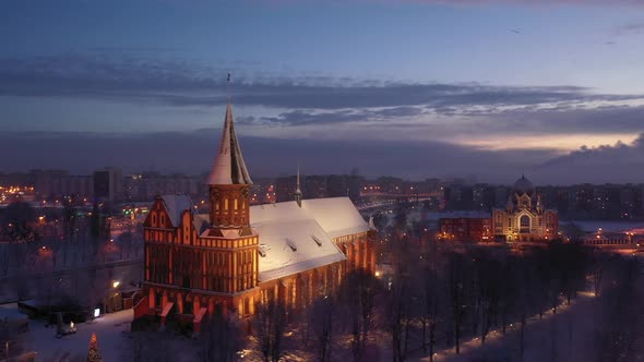 Aerial view of the Cathedral in Kaliningrad in the winter,
