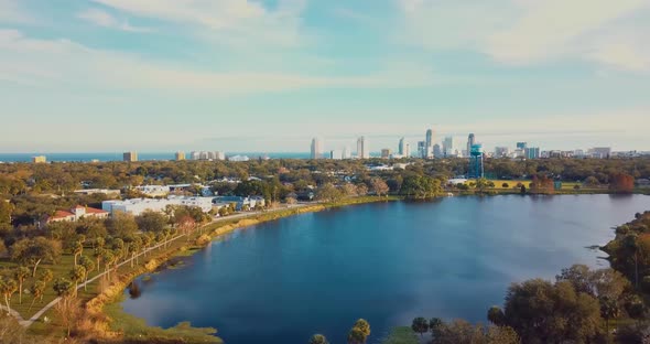 4K Aerial Video Rising Shot of Downtown St Petersburg from Crescent Lake Park