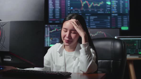 Disappointed Of Female Broker Working On Computer With Analyzing Graphs On Multiple Computer Screens