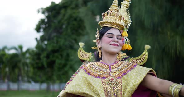 Close up of Khon performance arts acting entertainment dance traditional costume in the park