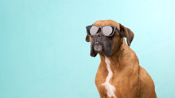 Funny boxer dog posing with sunglasses on blue background