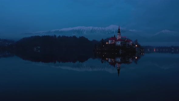 Bled Lake and Marijinega Vnebovzetja Church at Night