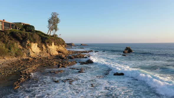 Flying over the beautiful Laguna Beach tide pools at Sunset in California.