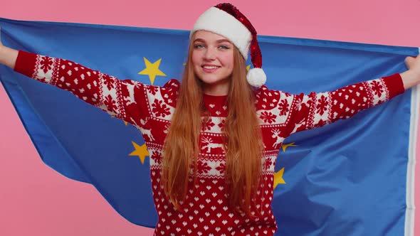 Christmas Girl Waving European Union Flag Smiling Cheering Democratic Human Rights Europe Freedoms
