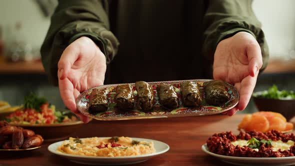 Dolma Closeup Meat in Grapes Leaves Middle Eastern National Traditional Food