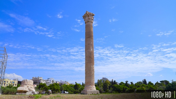 Single Standing Greek Column from the Temple of Olympian Zeus Ruins in Athens, Greece