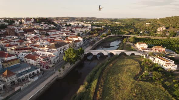 Roman bridge over Arade River, Silves city surrounded by green fields and trees, Algarve. Aerial