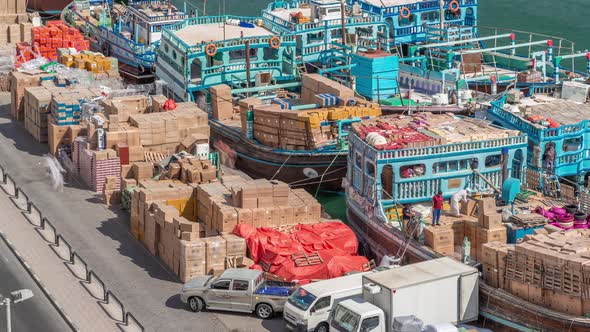 Loading a Ship in Port Timelapse in Dubai Deira Creek UAE