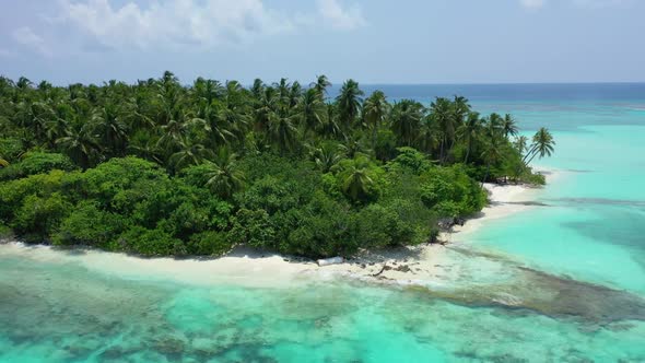 Aerial above scenery of perfect coast beach trip by clear water and white sand background of a dayou