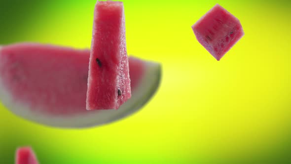 Flying of Watermelon and Slices in Lime Green Background
