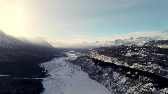 4k 60fps aerial video of the Matanuska River Valley.  Sutton, Alaska.  Early Spring.