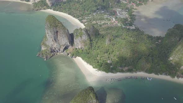 Aerial view of limestone rocks in sea, Phra Nang beach, Krabi Province, coastline Phuket, Thailand.