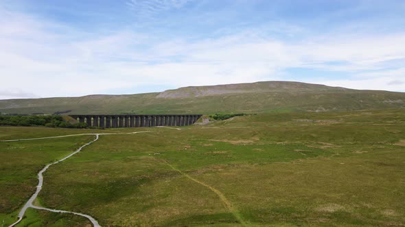 Ribblehead or Batty Moss Viaduct, Yorkshire Dales National Park, England. Aerial forward
