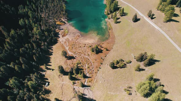 Aerial View Mountain Valley with Alpine Palpuogna Lake in Albulapass Swiss Alps