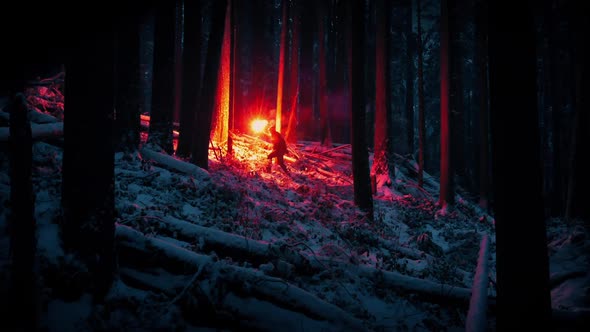 Man With Flare Climbs Forest Slope In Snowfall