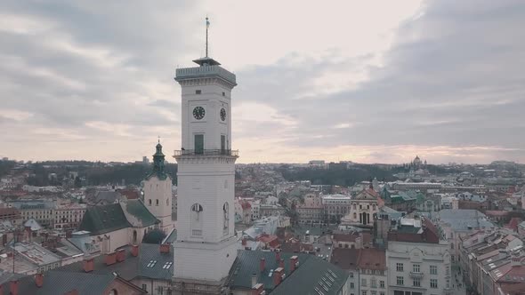 Aerial Panorama of the Ancient European City Lviv, Ukraine. Town Hall, Ratush