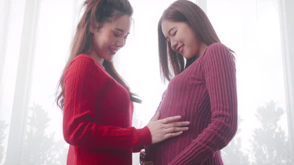 Pregnant Asian lesbian woman and her partner are happy to spend time together at home.