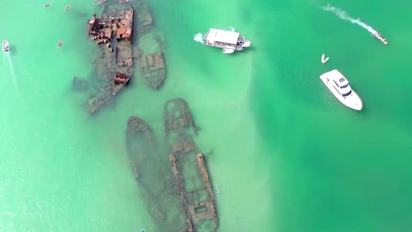 Aerial View of Tangalooma Shipwrecks in Brisbane Australia in the Summer