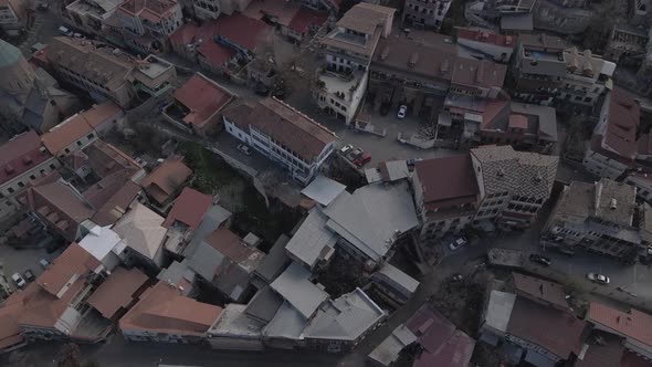 Tbilisi, Georgia - May 23 2021: Aerial view of Old Tbilisi, Flying over historic houses