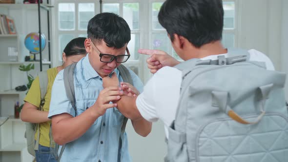 Young Asian Kids Attacking Caucasian Boy In Glasses, Bullying
