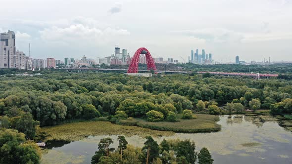 Aerial Drone Flying Up Shot of a Modern Cablestayed Bridge in Moscow Russia