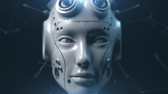 The head of the robot is intently studying and analyzing something alt