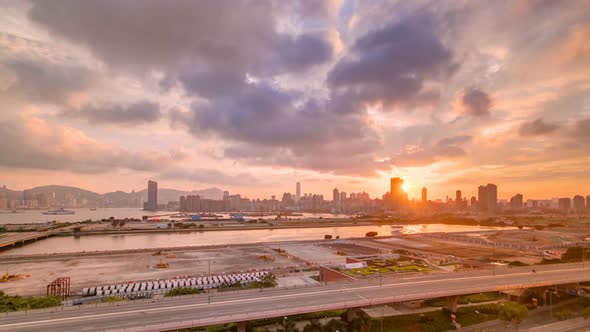Top View of Sunset in Hong Kong View From Kowloon Bay Downtown Timelapse