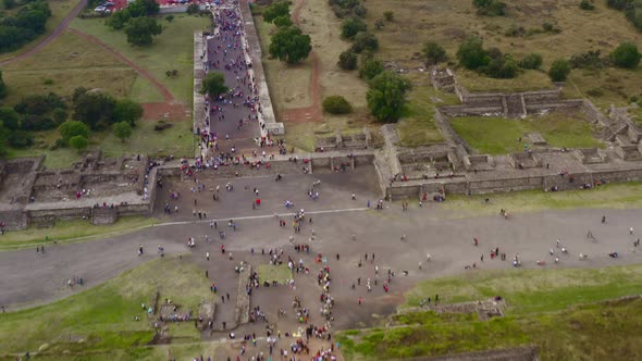 AERIAL: Teotihuacan, Mexico, Pyramids, Parking Lot (Steady)