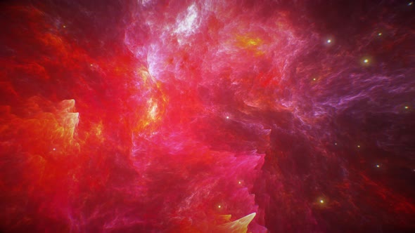 Space Flying Inside Fire Nebula and Stars