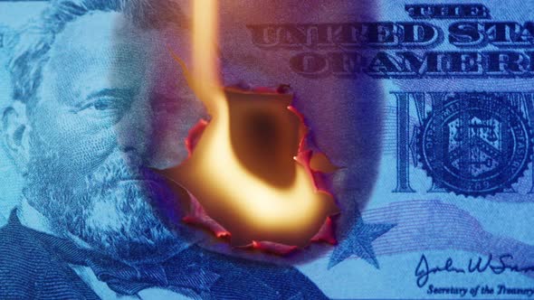 Burning American 50 Dollar Banknote on Black Background