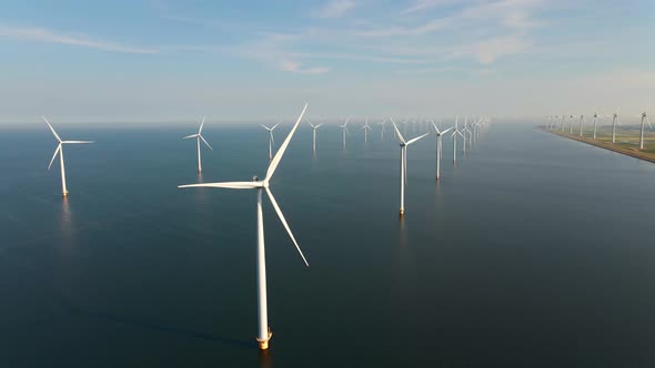 Wind Turbine From Aerial View Drone View at Windpark Westermeerdijk a Windmill Farm in the Lake