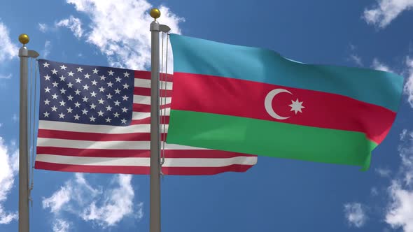 Usa Flag Vs Azerbaijan Flag On Flagpole