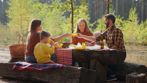 Family on a Picnic at a Resting Place in a Pine Forest